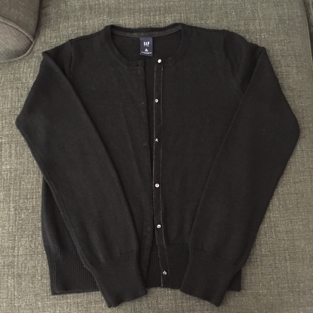 GAP Black Cardigan Sweater *Velvet Trim Rhinestone Buttons